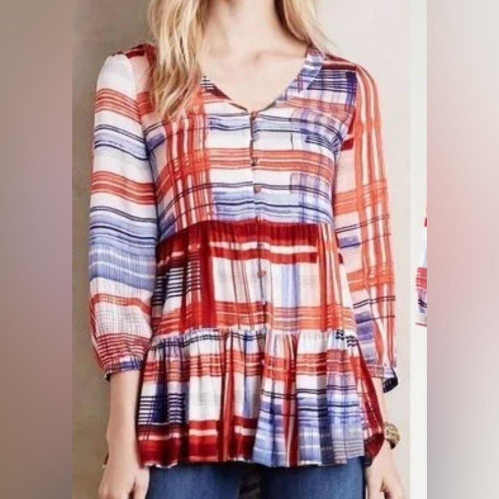 Anthropology Maeve Red/ Blue Womenās Patterned 3/4 Sleeve Button Frontā Top Sz S